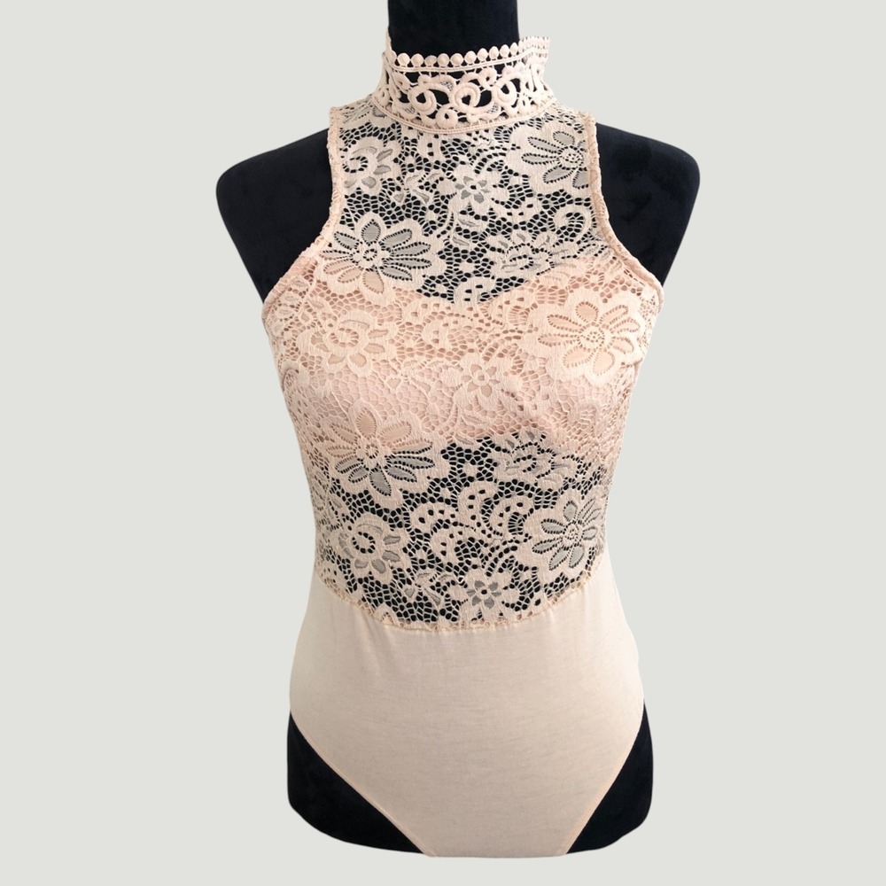 Women's Nude Halter High Neck Lace Feminine Romantic Leotard Bodysuit M